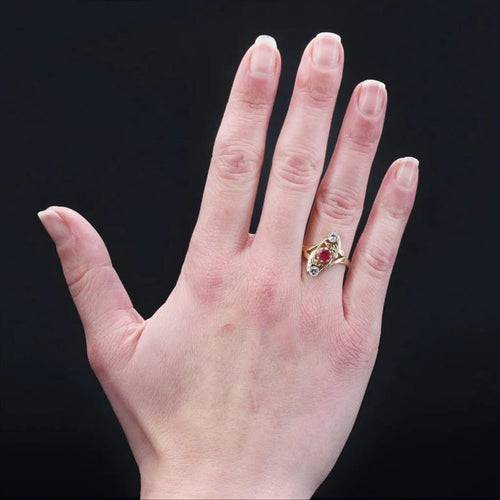 Bague 55 Art nouveau - Bague ancienne en or jaune et vert, rubis et diamants 58 Facettes 22-478