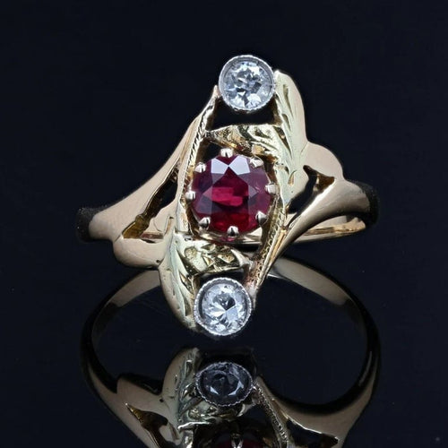 Bague 55 Art nouveau - Bague ancienne en or jaune et vert, rubis et diamants 58 Facettes 22-478