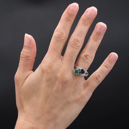 Bague 55 Bague toi et moi émeraude saphir et diamants en or blanc 18 carats 58 Facettes CV80