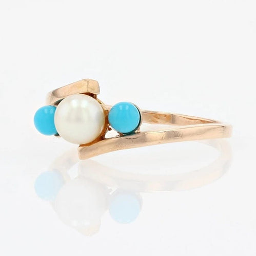 Bague 51 Bague perle de culture et perles de turquoise en or rose 18 carats 58 Facettes CV82
