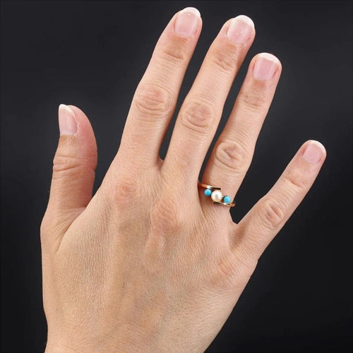 Bague 51 Bague perle de culture et perles de turquoise en or rose 18 carats 58 Facettes CV82