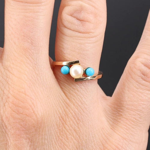 Bague 51 Bague perle de culture et perles de turquoise en or rose 18 carats 58 Facettes CV82