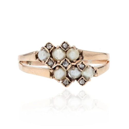 Bague 53 Bague ancienne double anneau en or rose 18 carats, perles fines et diamants 58 Facettes 20-036