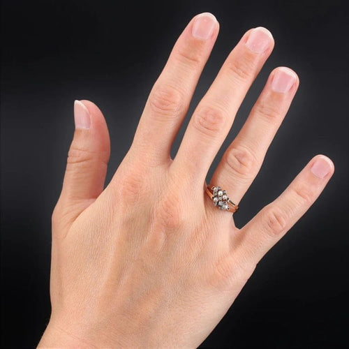Bague 53 Bague ancienne double anneau en or rose 18 carats, perles fines et diamants 58 Facettes 20-036