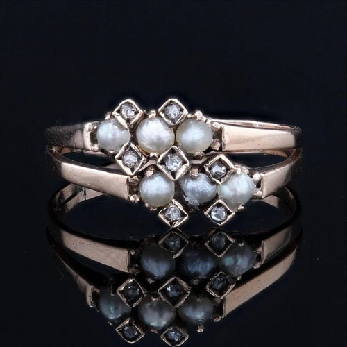Bague 53 Bague ancienne double anneau en or rose 18 carats, perles fines et diamants 58 Facettes 20-036