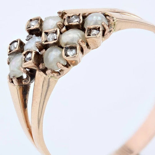 Bague 53 Bague ancienne double anneau en or rose 18 carats, perles fines et diamants 58 Facettes 20-036