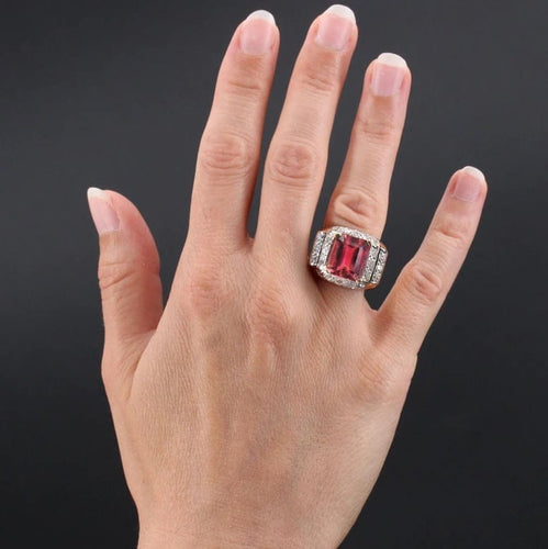 Bague 56 Bague tank en or rose et platine avec tourmaline et diamants 58 Facettes 22-344