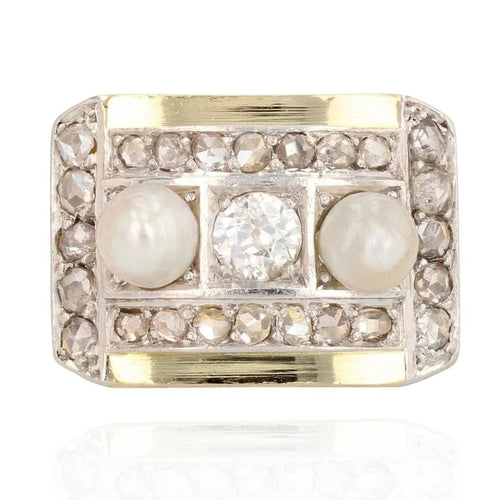 Bague 52 Bague tank en or jaune 18 carats et platine avec diamants et perles fines 58 Facettes 19-363