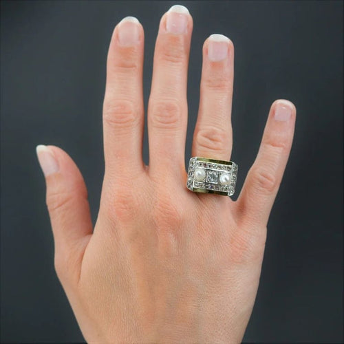 Bague 52 Bague tank en or jaune 18 carats et platine avec diamants et perles fines 58 Facettes 19-363