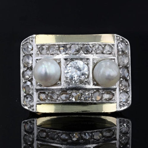 Bague 52 Bague tank en or jaune 18 carats et platine avec diamants et perles fines 58 Facettes 19-363