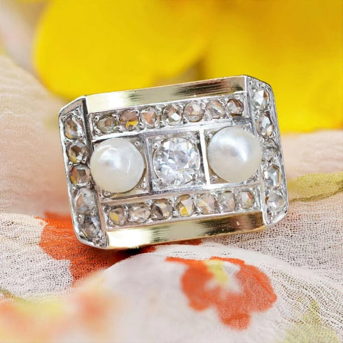 Bague 52 Bague tank en or jaune 18 carats et platine avec diamants et perles fines 58 Facettes 19-363