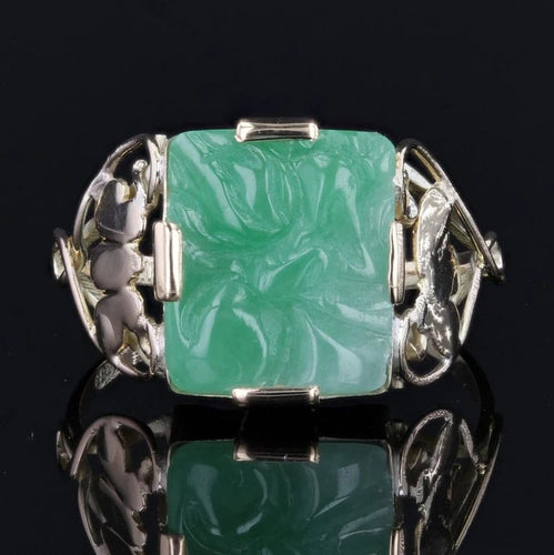 Bague 59 Bague Art déco en or jaune 14 carats et jade gravé 58 Facettes 22-225