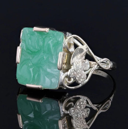 Bague 59 Bague Art déco en or jaune 14 carats et jade gravé 58 Facettes 22-225