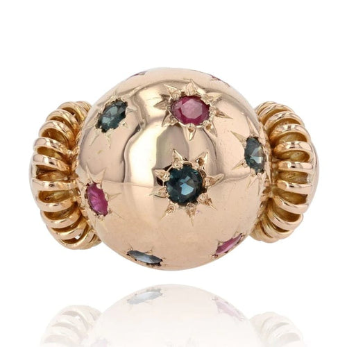Bague 47 Bague boule rétro en or rose 18 carats, rubis et saphirs 58 Facettes 22-136