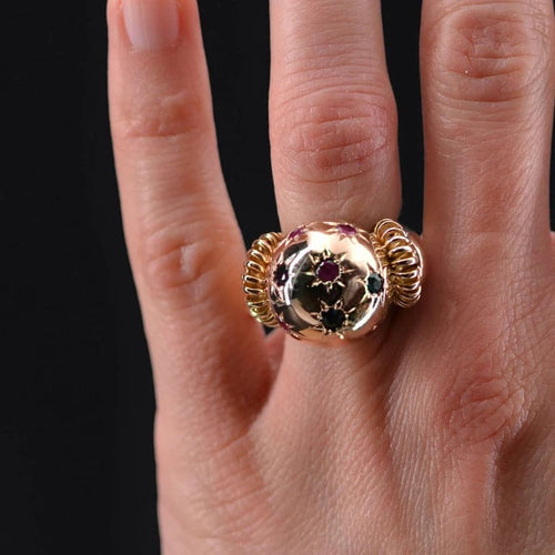 Bague 47 Bague boule rétro en or rose 18 carats, rubis et saphirs 58 Facettes 22-136