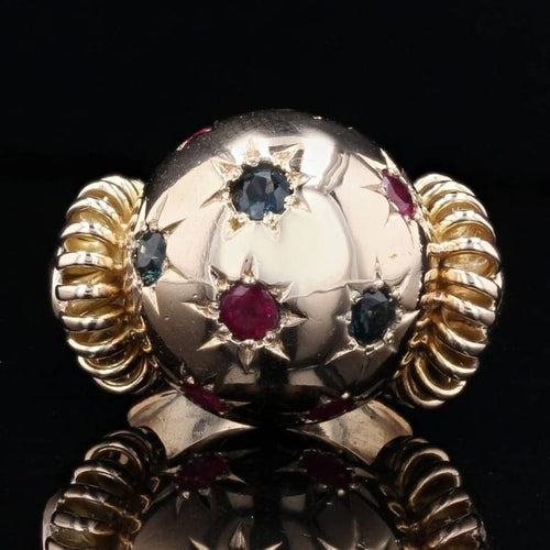 Bague 47 Bague boule rétro en or rose 18 carats, rubis et saphirs 58 Facettes 22-136