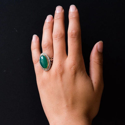 Bague 58 Bague pompadour ancienne en or rose 18 carats, agate verte et diamants 58 Facettes 20-246-56