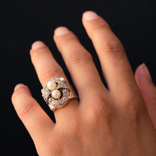Bague 57 Bague tank rétro en or rose 18 carats, platine, perles et diamants 58 Facettes 20-117-52