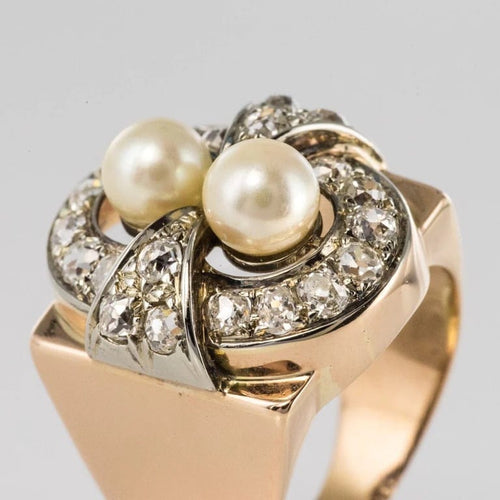 Bague 57 Bague tank rétro en or rose 18 carats, platine, perles et diamants 58 Facettes 20-117-52