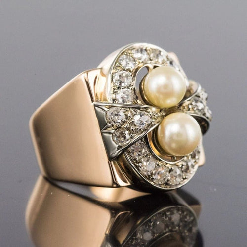 Bague 57 Bague tank rétro en or rose 18 carats, platine, perles et diamants 58 Facettes 20-117-52