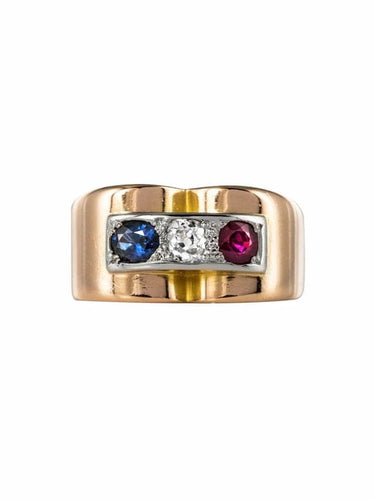 Bague 52 Bague tank en or jaune 18 carats avec saphir, rubis et diamant 58 Facettes 20-349-49