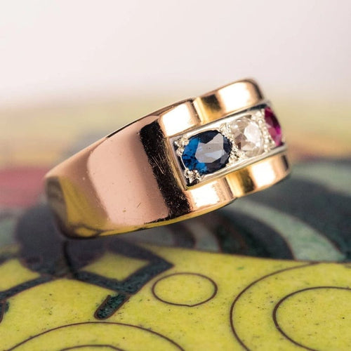 Bague 52 Bague tank en or jaune 18 carats avec saphir, rubis et diamant 58 Facettes 20-349-49