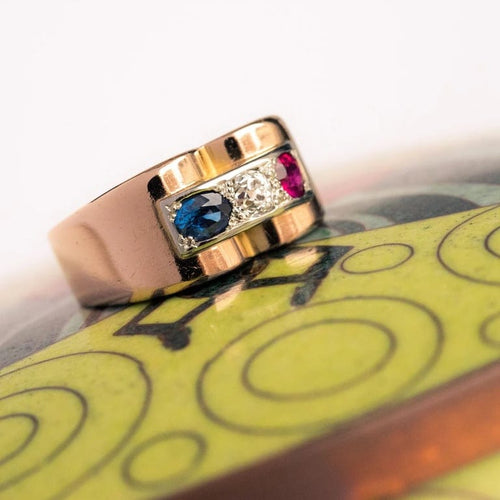 Bague 52 Bague tank en or jaune 18 carats avec saphir, rubis et diamant 58 Facettes 20-349-49