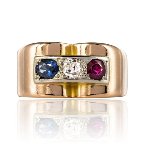 Bague 52 Bague tank en or jaune 18 carats avec saphir, rubis et diamant 58 Facettes 20-349-49