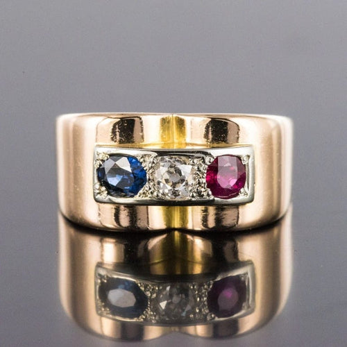Bague 52 Bague tank en or jaune 18 carats avec saphir, rubis et diamant 58 Facettes 20-349-49