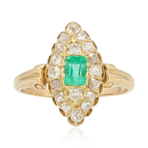 Bague 53 Bague marquise ancienne en or jaune 18 carats, émeraude et diamants 58 Facettes 20-608-48