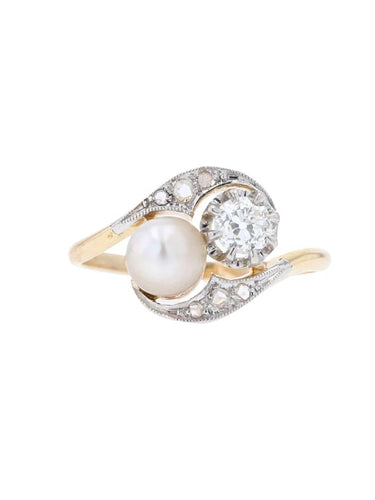 Bague 52 Bague toi et moi ancienne en or jaune et platine, diamants et perle fine 58 Facettes 20-509-48