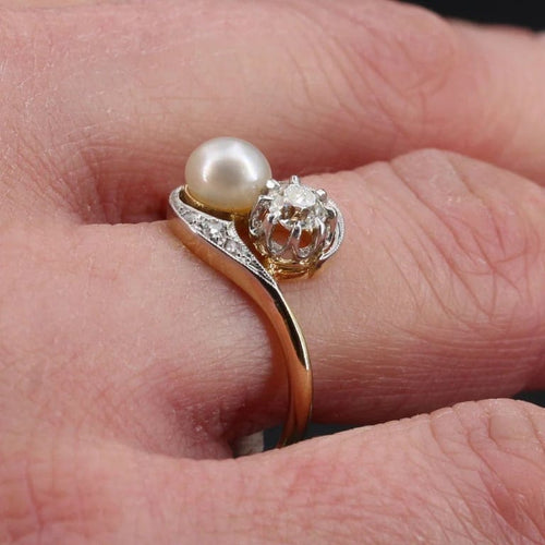 Bague 52 Bague toi et moi ancienne en or jaune et platine, diamants et perle fine 58 Facettes 20-509-48