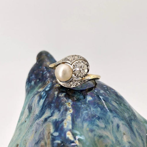 Bague 52 Bague toi et moi ancienne en or jaune et platine, diamants et perle fine 58 Facettes 20-509-48
