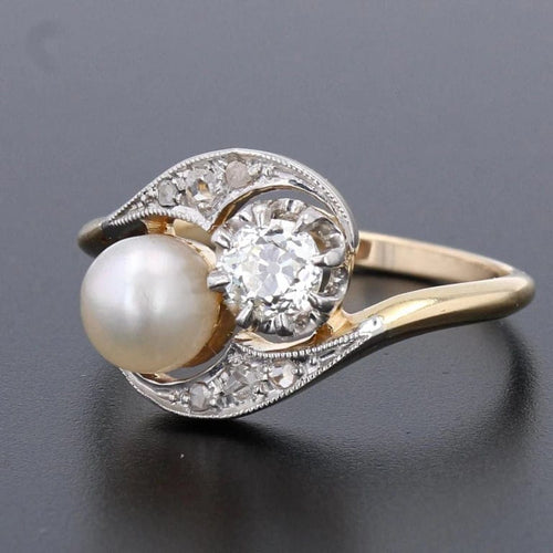 Bague 52 Bague toi et moi ancienne en or jaune et platine, diamants et perle fine 58 Facettes 20-509-48