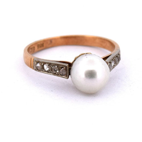 Bague 54 Bague ancienne en or jaune 18 kt avec perle et diamants 58 Facettes AN367 (0529)