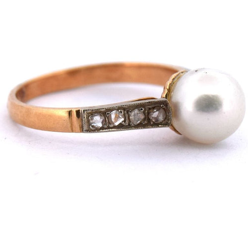 Bague 54 Bague ancienne en or jaune 18 kt avec perle et diamants 58 Facettes AN367 (0529)