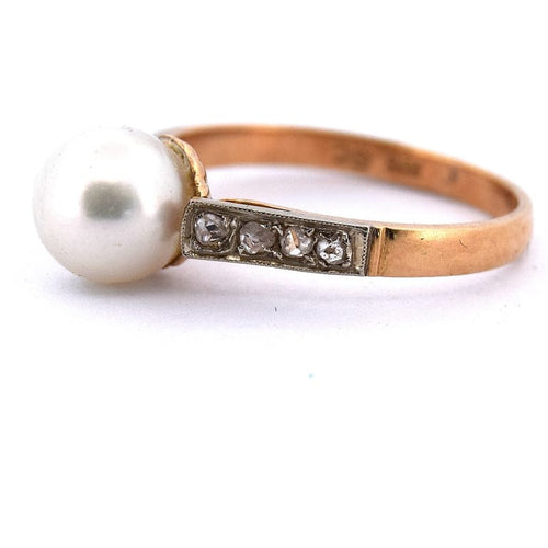 Bague 54 Bague ancienne en or jaune 18 kt avec perle et diamants 58 Facettes AN367 (0529)