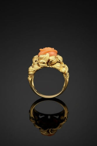 Bague 57 Anello Corallo di Rosa - Bague artisanale en or jaune et corail naturel 58 Facettes anello corallo