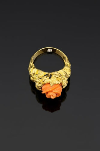 Bague 57 Anello Corallo di Rosa - Bague artisanale en or jaune et corail naturel 58 Facettes anello corallo