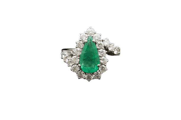 Bague 56 Goccia di Bosco - Bague en or blanc avec émeraude et diamants 58 Facettes anello goccia smeraldo