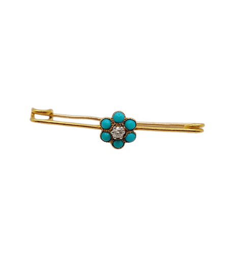 Broche Broche épingle à nourrice marguerite en or 18k, diamant et turquoises 58 Facettes A06686