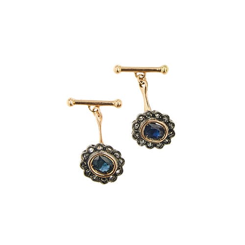 Boutons de manchette Gemelli - Boutons de manchette fleur en or rose 14 ct, saphirs et diamants 58 Facettes 41124