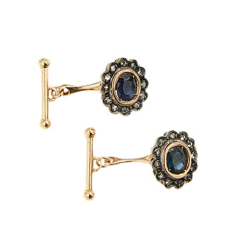 Boutons de manchette Gemelli - Boutons de manchette fleur en or rose 14 ct, saphirs et diamants 58 Facettes 41124