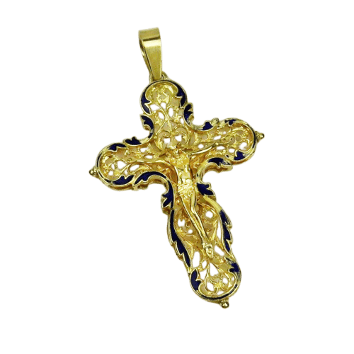 Pendentif Croix de Jésus - Pendentif en or jaune 585 émaillé bleu 58 Facettes 1550