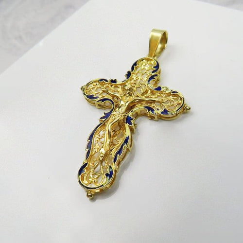 Pendentif Croix de Jésus - Pendentif en or jaune 585 émaillé bleu 58 Facettes 1550