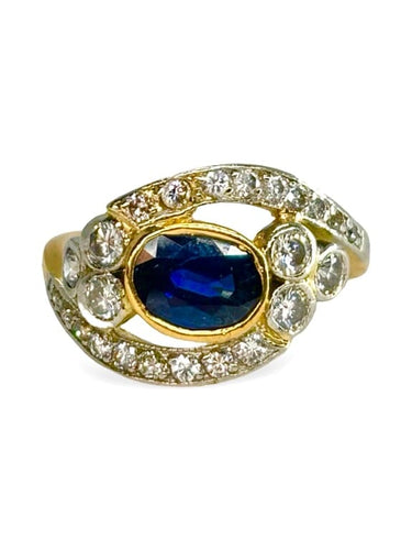 Bague 55 Bague ancienne en or jaune 18K avec saphir 1 ct et diamants 0,30 ct 58 Facettes 1536