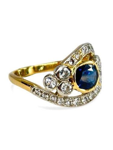 Bague 55 Bague ancienne en or jaune 18K avec saphir 1 ct et diamants 0,30 ct 58 Facettes 1536