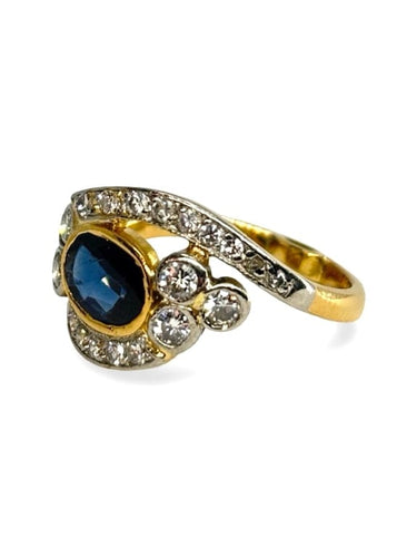Bague 55 Bague ancienne en or jaune 18K avec saphir 1 ct et diamants 0,30 ct 58 Facettes 1536