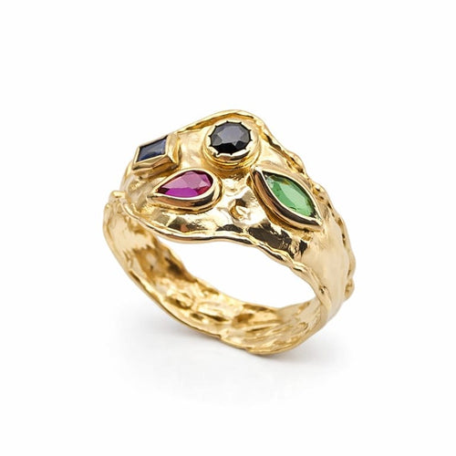 Bague 55 Bague en or jaune 18 carats sertie de saphirs, rubis et émeraude 58 Facettes Bague en or et pierres précieuse