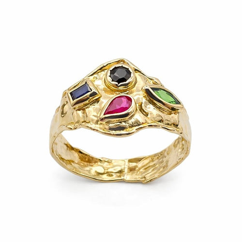 Bague 55 Bague en or jaune 18 carats sertie de saphirs, rubis et émeraude 58 Facettes Bague en or et pierres précieuse